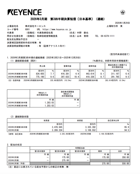 キーエンス 2026年3月期第3四半期決算