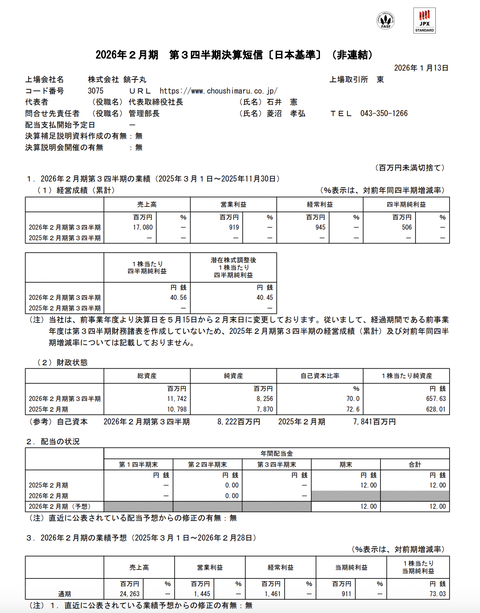 銚子丸 2026年2月期第3四半期決算