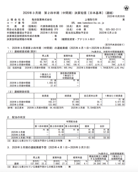 亀田製菓 2026年3月期第2四半期決算