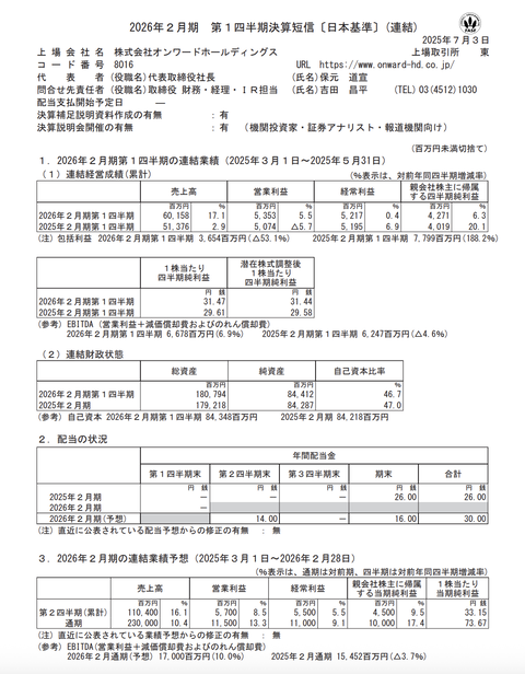 オンワードHD 2026年2月期第1四半期決算
