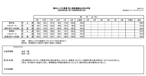 国内ユニクロ 月次業績（2026年2月度）