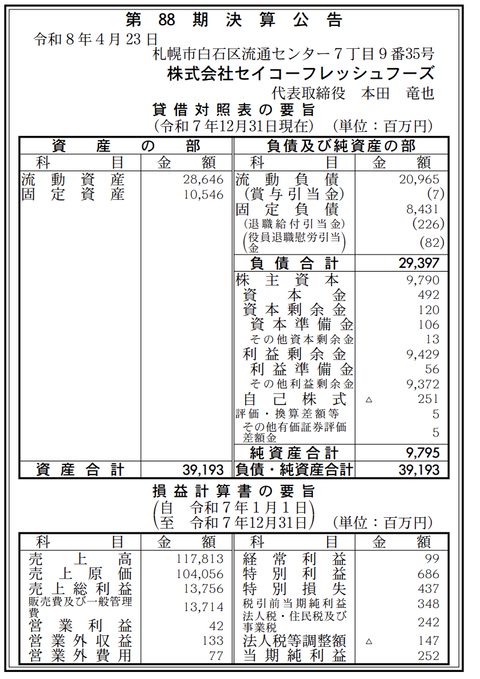 セコマグループの物流・総合卸「セイコーフレッシュフーズ」決算公告（第88期）