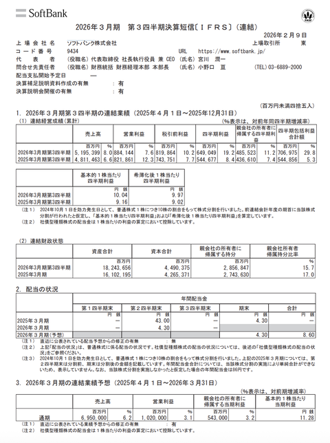 ソフトバンク 2026年3月期第3四半期決算
