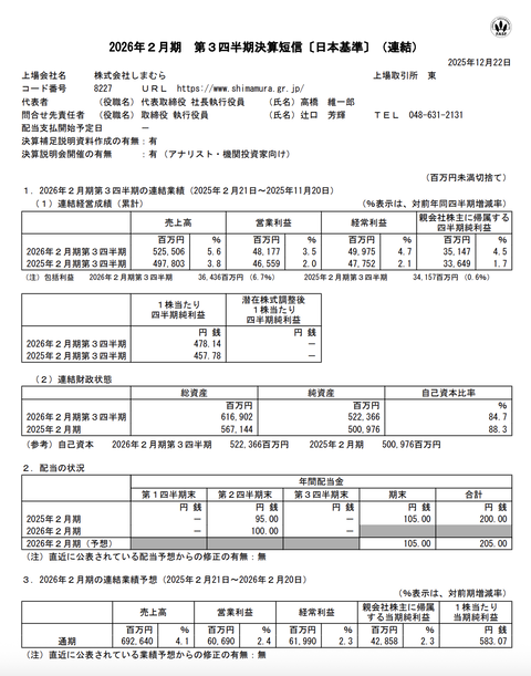 しまむら 2026年2月期第3四半期決算