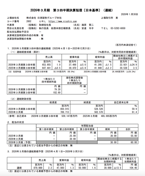 日清製粉グループ本社 2026年3月期第3四半期決算