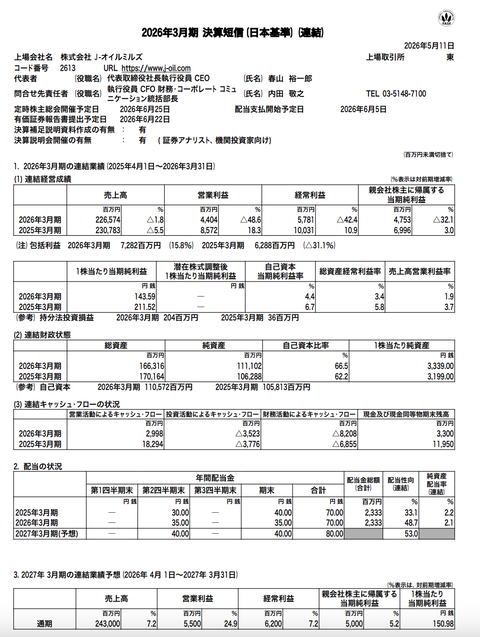 J-オイルミルズ 2026年3月期通期決算