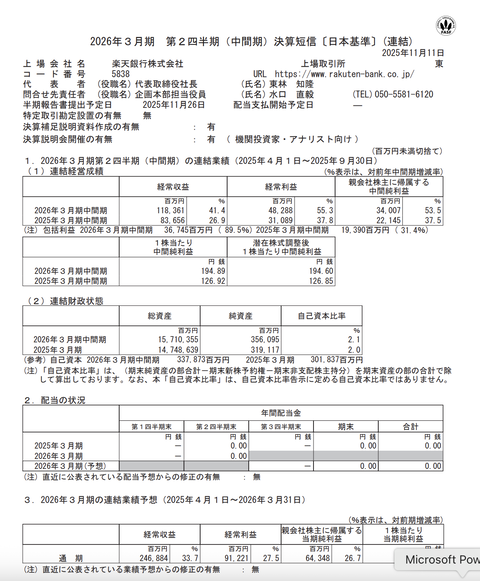楽天銀行 2026年3月期第2四半期決算