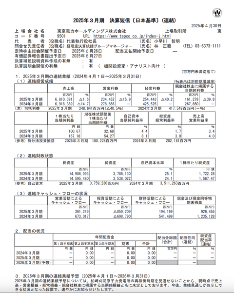 東京電力HD 2025年3月期通期決算