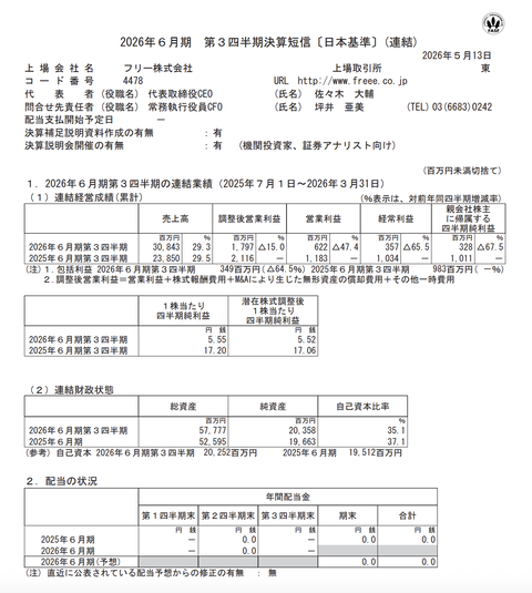 フリー 2026年6月期第3四半期決算