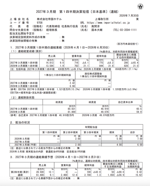 帝国ホテル 2027年3月期第1四半期決算