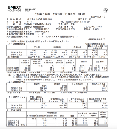 U-NEXT HOLDINGS 2026年8月期通期決算