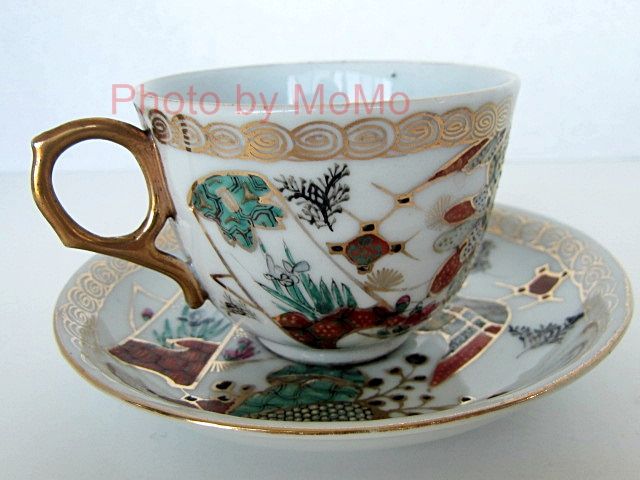 旧家 大日本邦山製 砥部焼 金彩 白磁 手描き 水墨画 茶器 酒器 明治 