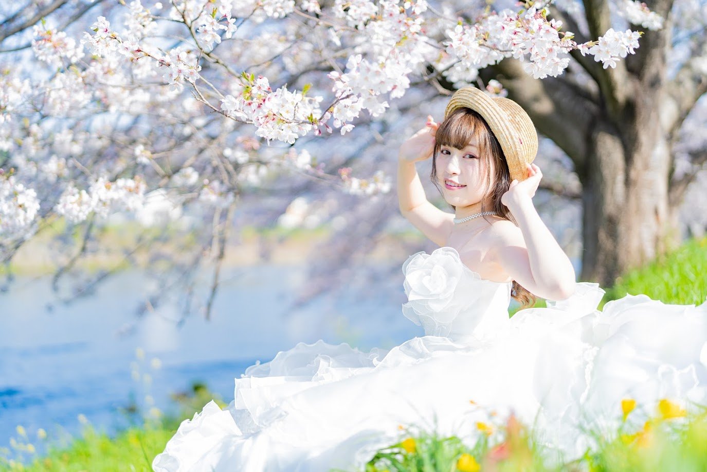 桜ポートレート 猫辺みいこさん 龍巌淵 ウエディングドレス あきぴフォト でポートレート