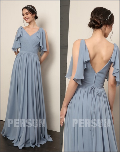 Robe élégante en mousseline bleu serenity col V pour cortège mariage