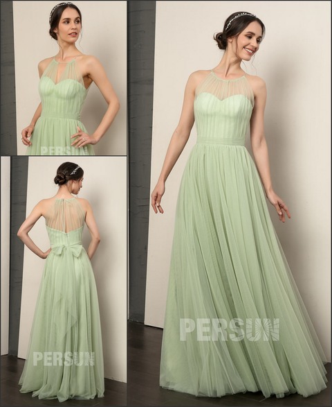 Robe de demoiselle d'honneur longue ligne A en tulle verte encolure illusion convertible