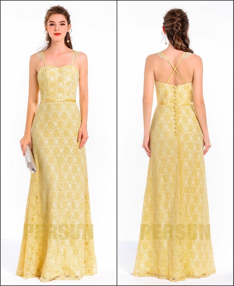 Robe longue de soirée de mariage dentelle jaune poussin ligne A