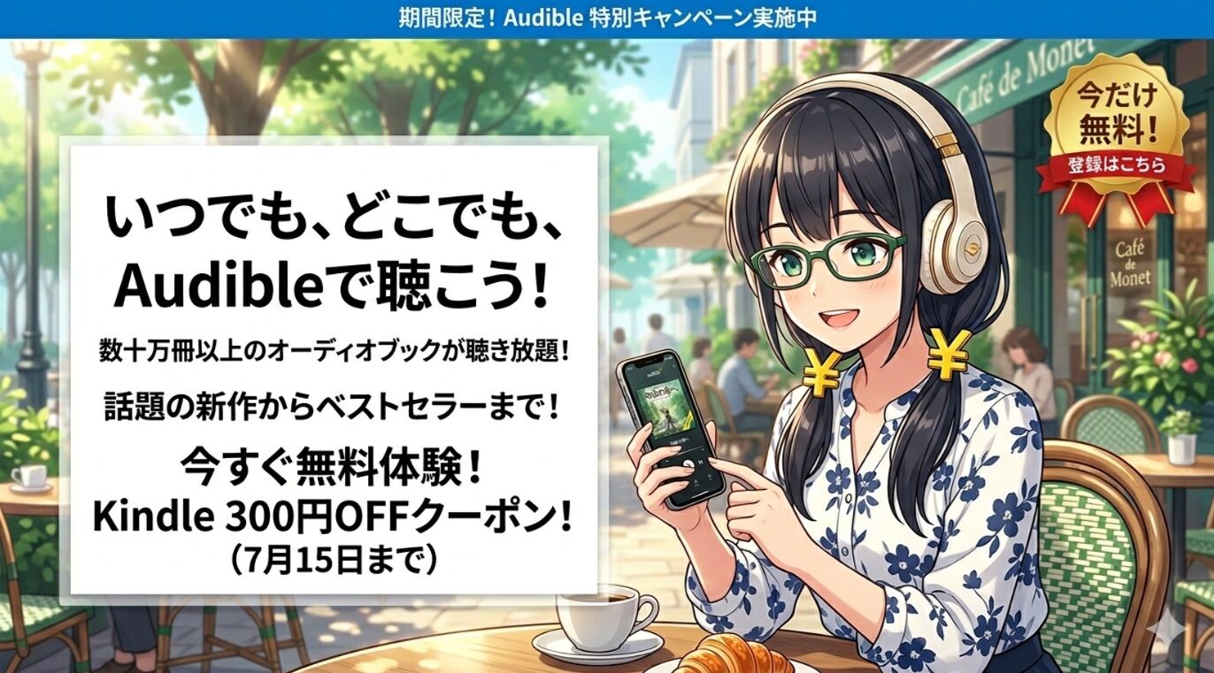 Audible 3ヶ月無料+Kindleクーポン付き
