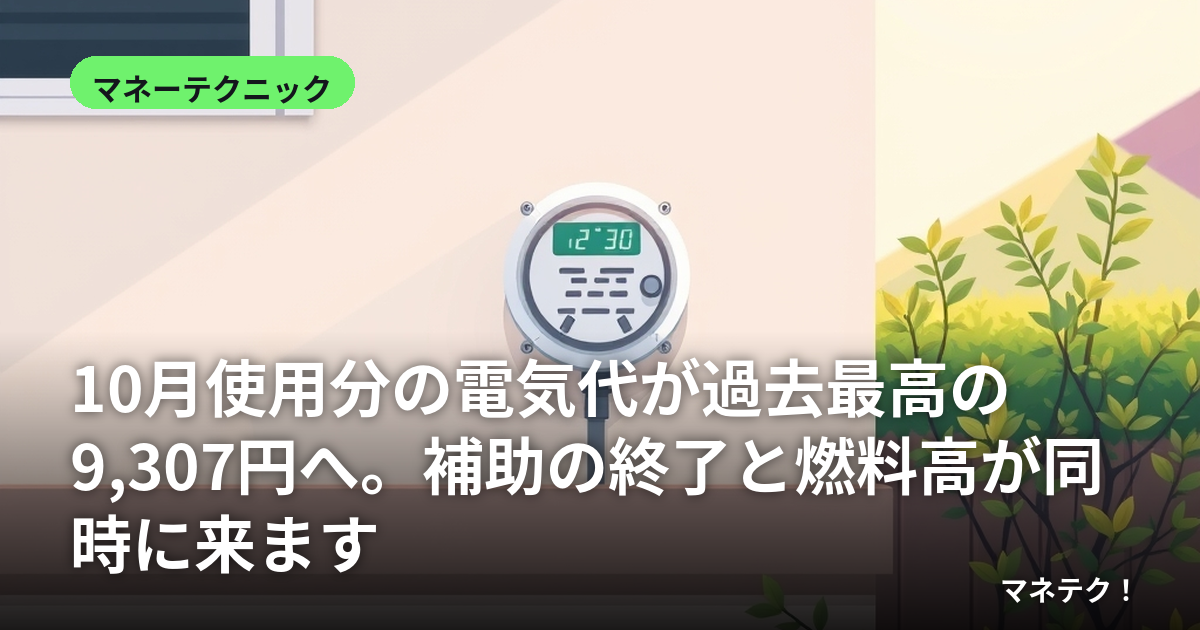 10月使用分の電気代が過去最高の9,307円へ。補助の終了と燃料高が同時に来ます