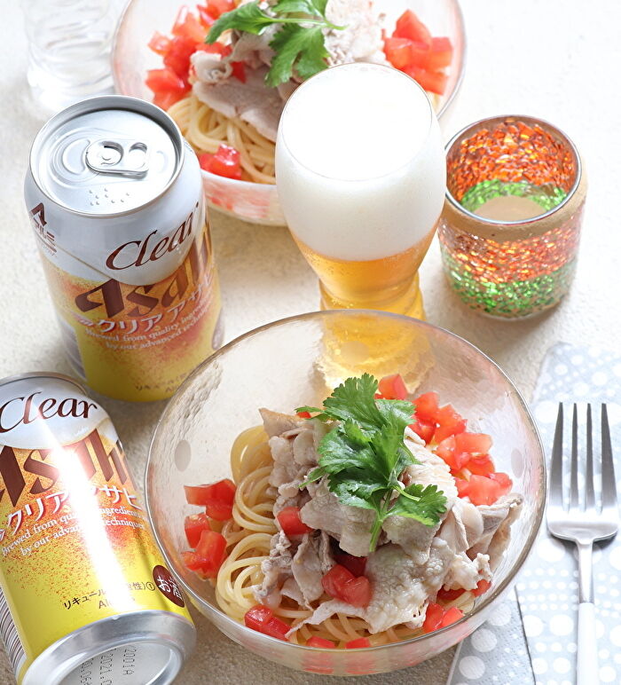 豚しゃぶ わさポントマ冷製パスタ もりもんのまいにちおいしい