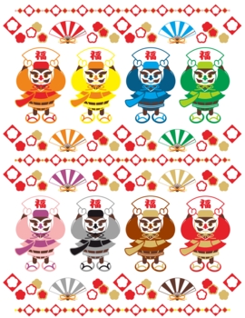 縁起のいいキャラクター(沖縄の伝統衣装「琉装」を着た福達磨と扇子)おめでたいイラストデザイン素材集