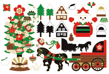 和風XMAS「クリスマスツリー・雪だるまサンタクロース・馬車・巾着袋・樅ノ木・日本家屋・縁起物」冬のイラスト素材集