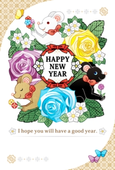 ２０２０年・令和２年・２０３２年子年イラスト年賀状デザイン「３色鼠と花と蝶々」HAPPY NEW YEAR