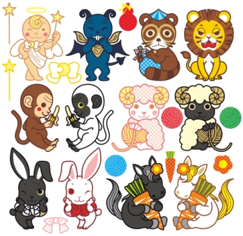 天使と悪魔と動物キャラクター(狸・ライオン・猿・羊・うさぎ・馬)カラフルデフォルメポップ
