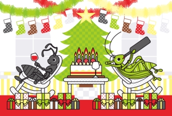 【12月】クリスマスカード用イラスト「アリとキリギリスのChristmas holidays」ポストカードサイズ