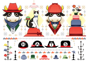 色々な帽子のイラスト「帽子牛と猫と鳥」ＨＡＴＳ