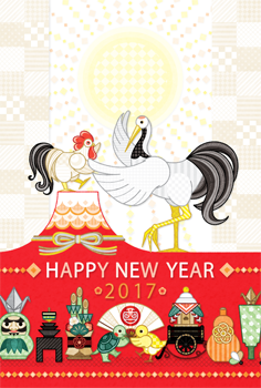 2017年酉年完成年賀状テンプレート「社交の舞と縁起物」HAPPYNEWYEAR