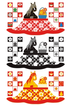 2014年午年年賀状用イラスト素材(馬とコタツとミカン)デジタル3点セット