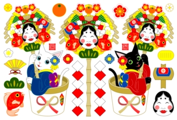 白猫黒猫お正月縁起熊手(年賀状用イラスト素材)
