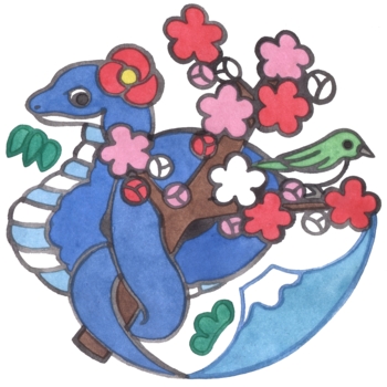 2013年巳年年賀状用イラスト素材(蛇と鶯と梅と富士山)