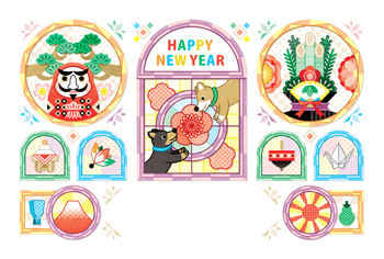 2018年2030年戌年完成年賀状テンプレート「ステンドグラス風白背景和風デザイン」HAPPYNEWYEAR