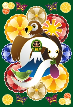 2013年巳年年賀状用イラスト素材(一富士二鷹三茄子カラフル緑地)