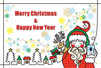 【12月】クリスマスカード用イラスト「音楽を聴くサンタクロースとトナカイのプレゼント」Merry Christmas and Happy New Year