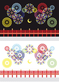 【夏】打ち上げ花火と橋と月イラストカットデザインイメージ素材(黒背景白背景セット)