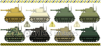写真素材_戦車のイラスト注意喚起マーク警告デザイン「かわいいデフォルメ戦車」セット