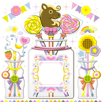 午年イラスト子供向けデザイン「かわいいロリポップキャンディー&チョコレート」正方形コピースペース