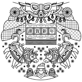 午年イラスト年賀デザイン「白馬と黒馬おめでたい和風装飾ぬりえ線画」謹賀新年