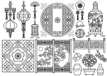 中国風装飾品イラスト中華風デザイン「ラインアート(ぬりえ線画)」提灯・行燈・桃・壺・屏風・柵