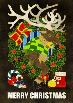 クリスマスカード用イラスト(トナカイとクリスマスリース)黒地茶線