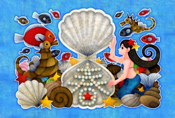 人魚と春(青地)(2012年辰年年賀状用イラスト素材)