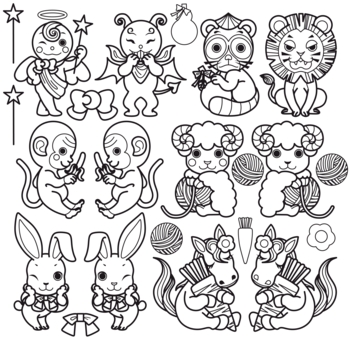 天使と悪魔と動物キャラクター(狸・ライオン・猿・羊・うさぎ・馬)モノクロ線画ぬりえ