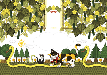 【無料】巳年イラスト年賀状デザイン「蛇もキュウリも好きな猫」文字無し2