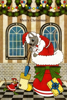 クリスマスカード用イラスト(猫と鼠「靴下発見!」)MERRYCHRISTMASカラフル<br>