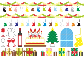 【12月】クリスマス用イラストカット素材集(靴下・飾りつけ・ワイン・ケーキ・クリスマスツリー・プレゼント)カラフル