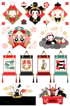 2016年申年年賀状用イラストカットデザイン素材集(三猿・扇・岩風呂・掛け軸・釣り・祝酒)赤系配色6点