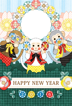 2016年申年完成年賀状テンプレート「花三猿」HAPPYNEWYEAR写真フレーム