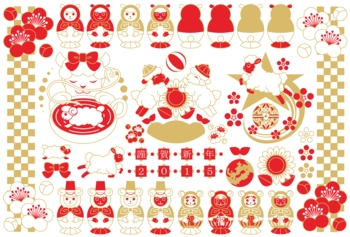 2015年未年年賀状用イラストカット素材集(子羊マトリョーシカ人形キャラクター謹賀新年)おめでたい配色赤茶